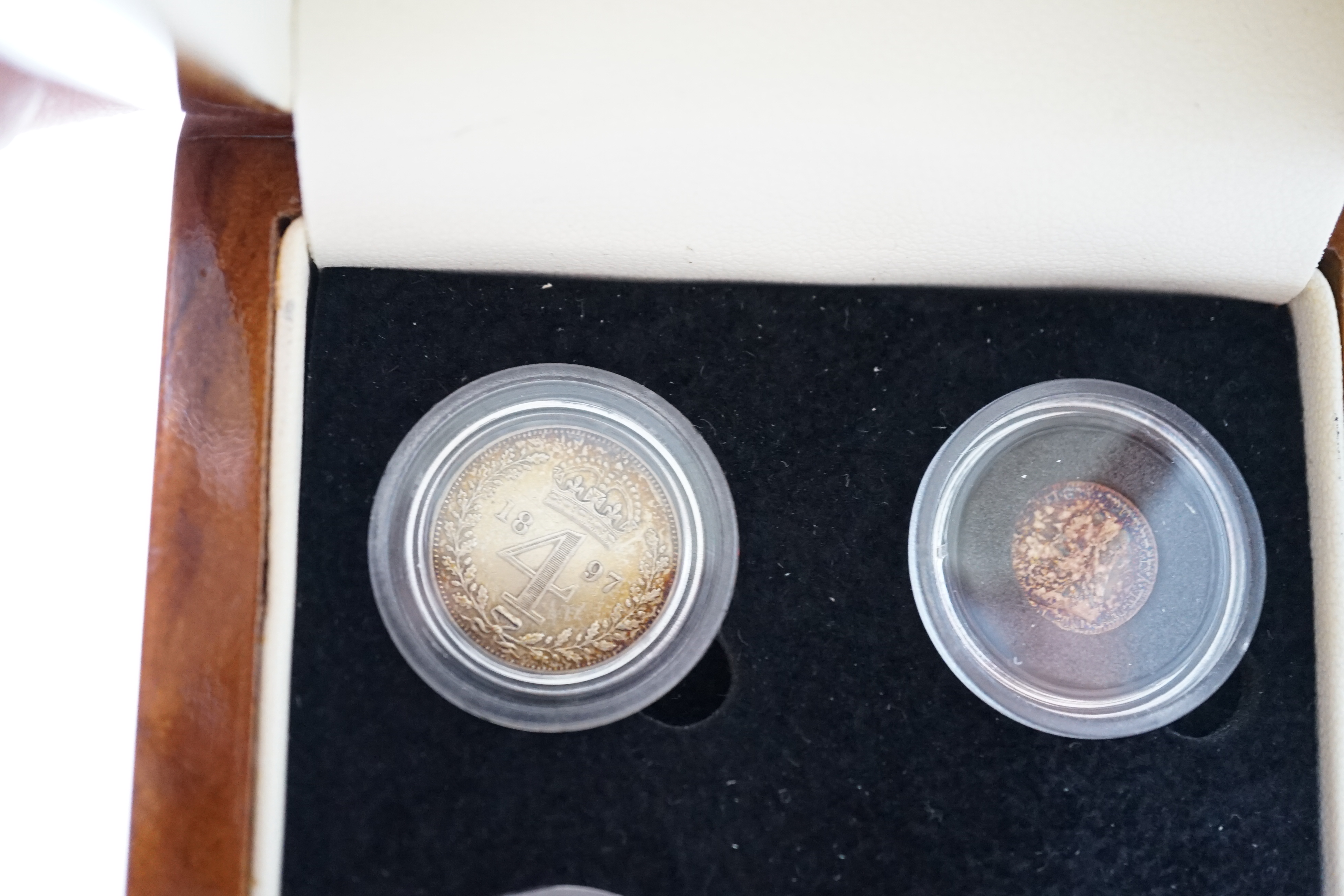 British silver coins, Victoria Veiled portrait four coin set of Maundy coins, 1897, toned UNC, in London Mint case